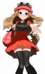 Rule 34 | 1girl, baeming, bag, black thighhighs, blonde hair, closed mouth, collared shirt, commentary request, creatures (company), eyelashes, game freak, grey eyes, handbag, hat, highres, holding strap, korean commentary, long hair, looking down, nintendo, outstretched hand, pink bag, pink hat, pleated skirt, pokemon, pokemon xy, red skirt, serena (pokemon), shirt, skirt, sleeveless, sleeveless shirt, smile, solo, spread fingers, sunglasses, thighhighs, white-framed eyewear, white background