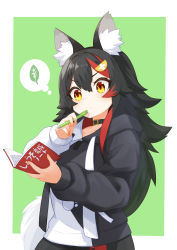 Rule 34 | 1girl, absurdres, animal ear fluff, animal ears, black choker, black hair, black hoodie, black shorts, book, choker, flipped hair, hair between eyes, hair ornament, hairclip, highres, holding, holding book, holding pen, hololive, hood, hoodie, long hair, long sleeves, multicolored hair, ookami mio, ookami mio (casual), paw print, paw print pattern, pen, red hair, shorts, sidelocks, solo, streaked hair, thinking, thought bubble, two-tone hoodie, upper body, very long hair, virtual youtuber, wappa, white hoodie, wolf ears, yellow eyes