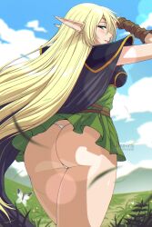 Rule 34 | 1girl, armor, artist name, ass, blonde hair, blue cape, blue sky, blush, breastplate, bug, butterfly, cape, circlet, clothes lift, deedlit, dress, dress lift, elf, faenatical, green eyes, grin, highres, insect, long hair, looking at viewer, looking back, panties, pantyshot, pauldrons, pointy ears, record of lodoss war, short dress, shoulder armor, sky, smile, solo, thong, underwear, very long hair, white panties, wind, wind lift