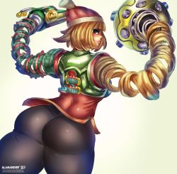 Rule 34 | alamander, arms (game), arms up, ass, ass focus, back, blonde hair, gradient background, green background, hat, highres, looking at viewer, looking back, mask, min min (arms), nintendo, nose, shiny clothes, short hair, solo, white background