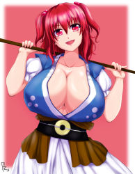 Rule 34 | &gt;:d, 1girl, :d, bad id, bad pixiv id, blush, breasts, cleavage, collarbone, cowboy shot, eyebrows, hair between eyes, hair bobbles, hair ornament, head tilt, highres, huge breasts, ibara azuki, keiazu, looking at viewer, obi, onozuka komachi, open mouth, over shoulder, pink background, puffy short sleeves, puffy sleeves, red eyes, red hair, sash, short sleeves, skirt, smile, solo, touhou, two side up, v-shaped eyebrows, weapon, weapon over shoulder, white skirt
