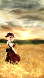 Rule 34 | 1girl, aki minoriko, apron, blonde hair, breasts, cloud, cloudy sky, field, food, from side, fruit, grapes, hat, highres, juliet sleeves, light particles, long sleeves, looking at viewer, looking back, mightyhonk, mob cap, outdoors, puffy sleeves, realistic, red eyes, shirt, short hair, skirt, sky, solo, standing, sunset, touhou, wheat