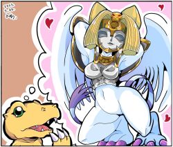 Rule 34 | 2023, agumon, armor, arms behind head, cat, cat tail, chest plate, claws, colored skin, curvy, digimon, digimon (creature), heart, mask, nefertimon, squatting, tail, thinking, white skin, wings