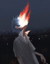 Rule 34 | 1boy, absurdres, arm at side, between fingers, blue hair, burning, buttons, cigarette, city lights, covered face, dress shirt, facing up, fire, floating hair, fog, highres, holding, holding cigarette, leaning back, light blue hair, night, original, outdoors, popped collar, shirt, short hair, short sleeves, solo, upper body, white shirt, yakito lulu