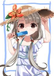 Rule 34 | 1girl, arm up, bare shoulders, bow, brown bow, brown eyes, brown hat, collarbone, commentary request, dress, flower, food, grey hair, hair bow, hat, hat bow, hat flower, highres, hisakawa nagi, holding, holding food, idolmaster, idolmaster cinderella girls, idolmaster cinderella girls starlight stage, long hair, looking at viewer, low twintails, off-shoulder dress, off shoulder, popsicle, red flower, shiwa (siwaa0419), solo, straw hat, twintails, very long hair, white background, white bow, white dress