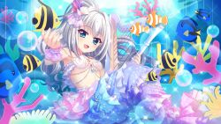 Rule 34 | 1girl, alternate hair length, alternate hairstyle, blue eyes, blue gemstone, bracelet, breasts, bubble, butterflyfish, cardboard cutout, clownfish, coral, coral hair ornament, dot nose, film grain, fish, game cg, gem, harp, high ponytail, holding, holding instrument, instrument, izumi tsubasu, jewelry, lens flare, long hair, mermaid, monster girl, nishidate haku, non-web source, official art, open mouth, pearl bracelet, pink wrist cuffs, re:stage!, red gemstone, regal blue tang, shell, shell bikini, shell hair ornament, small breasts, smile, solo, sparkle, star (symbol), underboob, white hair, wrist cuffs