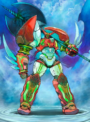 Rule 34 | axe, cloud, full body, getter robo, glowing, glowing eyes, highres, holding, holding axe, mecha, no humans, over shoulder, robot, science fiction, shin getter-1, shin getter robo, solo, super robot, weapon, weapon over shoulder, yamanushi, yellow eyes
