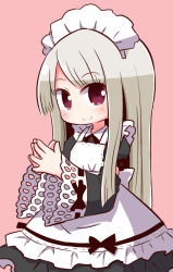 Rule 34 | 1girl, apron, blush, character request, chibi, closed mouth, copyright request, grey hair, long hair, looking at viewer, maid, maid apron, maid headdress, naga u, red eyes, smile, solo
