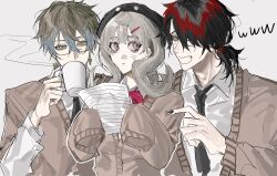 Rule 34 | 1girl, 2boys, anger vein, bags under eyes, black hair, black necktie, blue hair, bow, brown hair, brown sweater, collared shirt, commentary, cup, earrings, eyeliner, eyewear strap, glasses, grey background, grey hair, hair ornament, highres, holding, holding cup, holding paper, ike eveland, jewelry, laughing, long sleeves, miyu (shiyemiyu), mug, multicolored hair, multiple boys, necktie, nijisanji, nijisanji en, open mouth, paper, pink bow, pink eyes, red eyeliner, red hair, reimu endou, school uniform, shirt, short hair, simple background, sleeves past fingers, sleeves past wrists, sweater, symbol-only commentary, virtual youtuber, vox akuma, white shirt, yellow eyes