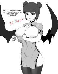 Rule 34 | 1girl, black hair, breast expansion, breasts, china dress, chinese clothes, corona-chan, coronavirus, demon wings, dress, english text, huge breasts, solo, tagme, thighhighs, wildart, wings