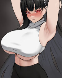 Rule 34 | 1girl, armpits, arms behind head, black background, blue archive, breasts, covered navel, hair ornament, hairclip, highres, long hair, looking at viewer, midriff, nsd (neangsadu), red eyes, rio (blue archive), simple background, solo, turtleneck, underboob, variant set, very long hair