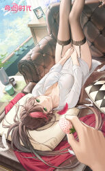 1boy 1girl absurdres black_thighhighs breasts brown_hair candle closed_mouth collared_shirt copyright_name couch covering_crotch covering_privates crazy_ones cup cushion day dress_shirt feathers feet_out_of_frame flower food from_above fruit garter_straps green_eyes highres holding holding_food holding_fruit indoors lace lace-trimmed_thighhighs lace_trim legs_up logo long_hair long_sleeves looking_at_viewer lying medium_breasts multicolored_hair no_pants official_art on_back on_couch photo_(object) picture_frame pink_hair plant ponytail potted_plant pov pov_hands protagonist_(crazy_ones) purple_flower shirt shirt_tug smile solo_focus strawberry streaked_hair su_xiaoye thighhighs upside-down white_feathers white_shirt window