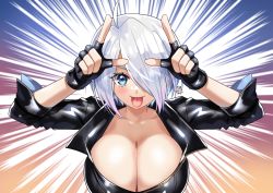 Rule 34 | 1girl, absurdres, ahoge, angel (kof), arms up, artist logo, artist name, black gloves, black jacket, blue eyes, blue hair, blush, breasts, cleavage, collarbone, colored tips, cropped jacket, emphasis lines, eyebrows hidden by hair, horns pose, fingerless gloves, gloves, gradient background, gradient hair, grey hair, hair over one eye, highres, horns pose, index fingers raised, jacket, large breasts, leaning forward, leather, leather jacket, looking at viewer, maroonabyss, multicolored hair, pink hair, shiny clothes, short hair, signature, smile, solo, the king of fighters, the king of fighters xv, tongue, tongue out, upper body