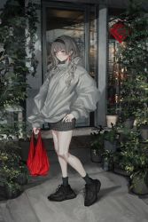 Rule 34 | 1girl, absurdres, bag, bare legs, earrings, hairband, highres, jewelry, legs, lm7 (op-center), orange eyes, plant, reflection, shoes, sign, silver hair, socks, standing, window