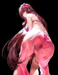 Rule 34 | 1girl, absurdres, ass, back, bare shoulders, bikini, black background, bracelet, breasts, fate/grand order, fate (series), flower, hair between eyes, hair flower, hair ornament, hibiscus, highres, huge filesize, jewelry, large breasts, long hair, looking at viewer, looking back, purple bikini, purple hair, red eyes, scathach (fate), scathach (fate/grand order), scathach (swimsuit assassin) (fate), solo, swimsuit, thighs, xiaoluo xl