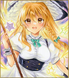 1girl :d apron aura black_hat black_vest blonde_hair blush bow bowtie braid breasts broom commentary_request danmaku frilled_hat frills green_bow green_bowtie hat holding holding_broom kirisame_marisa long_hair marker_(medium) medium_breasts open_mouth puffy_short_sleeves puffy_sleeves shirt short_sleeves side_braid single_braid smile solo star_(symbol) takadono318 touhou traditional_media underboob very_long_hair vest waist_apron white_apron white_shirt witch_hat yellow_eyes