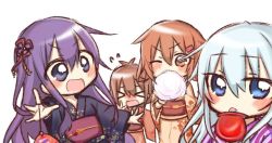 Rule 34 | &gt;:d, &gt; &lt;, 10s, 4girls, :d, akatsuki (kancolle), alternate costume, blue eyes, brown eyes, brown hair, candy apple, commentary, closed eyes, flying sweatdrops, folded ponytail, hair ornament, hairclip, hibiki (kancolle), ikazuchi (kancolle), inazuma (kancolle), jako (jakoo21), japanese clothes, kantai collection, kimono, licking, long hair, multiple girls, obi, one eye closed, open mouth, purple eyes, purple hair, sash, short hair, silver hair, smile, v-shaped eyebrows, yukata