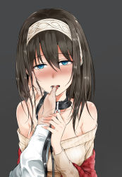 Rule 34 | 10s, 1girl, absurdres, bad id, bad pixiv id, bare shoulders, bdsm, black hair, blue eyes, blush, breasts, collar, dickbomber, finger in another&#039;s mouth, highres, idolmaster, idolmaster cinderella girls, leash, long hair, looking at viewer, off-shoulder, off-shoulder sweater, off shoulder, out of frame, ribbed sweater, sagisawa fumika, shawl, shibari, simple background, solo focus, sweater