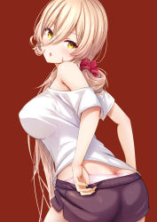 Rule 34 | 1girl, :o, absurdres, ass, bad id, bad pixiv id, bare shoulders, black shorts, blonde hair, blush, breasts, clothes pull, from behind, hair between eyes, hair ornament, hair scrunchie, highres, large breasts, long hair, looking at viewer, looking back, nijisanji, nui sociere, nui sociere (2nd costume), off-shoulder shirt, off shoulder, open mouth, panties, pink panties, red background, red scrunchie, scrunchie, shirt, short sleeves, shorts, shorts pull, simple background, solo, sonoji ( sonoji), t-shirt, underwear, very long hair, virtual youtuber, white shirt, yellow eyes