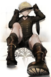 Rule 34 | 1boy, belt, black footwear, blindfold, blonde hair, blue eyes, boots, choker, commentary request, curly hair, feet, foot focus, full body, gloves, leather, looking at viewer, male focus, nier (series), nier:automata, nozaki tsubata, short hair, simple background, sitting, smile, socks, solo, 42s (nier:automata)