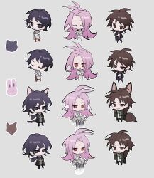 Rule 34 | 3boys, absurdres, animal ears, antenna hair, black eyes, black hair, black jacket, blue pants, braid, brown eyes, brown hair, cat boy, cat ears, cat tail, chibi, chinese commentary, closed eyes, closed mouth, commentary request, crossed arms, cup, fox boy, fox ears, fox tail, fu.fu.zhang, green scarf, grey background, harada minoru, hatsutori hajime, head wings, highres, holding, holding cup, jacket, kemonomimi mode, long sleeves, male focus, multiple boys, open clothes, open jacket, pants, parted bangs, pink hair, purple sweater, red eyes, red pants, saibou shinkyoku, scarf, shirt, short hair, side braid, simple background, sketch, smile, spoilers, sweater, tail, turtleneck, turtleneck sweater, utsugi noriyuki, white pants, white shirt, wings