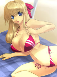 1girl bikini blonde_hair blue_eyes breasts cleavage covered_erect_nipples female_focus highres large_breasts long_hair lying on_side original solo swimsuit yamaura_tamaki