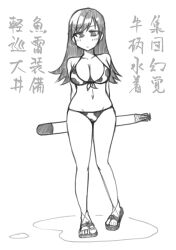 Rule 34 | 1girl, bikini, breasts, cleavage, commentary request, full body, greyscale, highres, kantai collection, large breasts, looking at viewer, monochrome, ooi (kancolle), polka dot, polka dot bikini, solo, swimsuit, tatahai, toeless footwear, torpedo, translation request