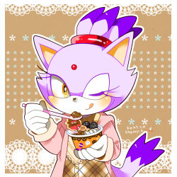 Rule 34 | 1girl, animal ears, blaze the cat, cat ears, cat girl, cat tail, food, forehead jewel, furry, furry female, gloves, holding, holding food, holding ice cream, holding spoon, ice cream, ice cream cup, kusunoki cherry, looking at viewer, one eye closed, ponytail, smile, sonic (series), spoon, tail, white gloves, yellow eyes