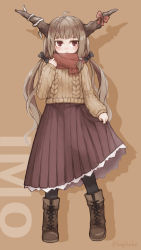 Rule 34 | 1girl, :&lt;, ahoge, aran sweater, beige sweater, black bow, black legwear, boots, bow, brown footwear, brown skirt, cable knit, closed mouth, commentary, drop shadow, full body, hair bow, hair ribbon, hand up, highres, horn bow, horn ornament, horns, ibuki suika, kagikake, light brown background, light brown hair, long hair, long sleeves, pleated skirt, red bow, red eyes, red scarf, ribbon, scarf, simple background, skirt, skirt hold, slit pupils, solo, standing, straight-on, sweater, symbol-only commentary, touhou, tress ribbon, twintails, twitter username, white ribbon