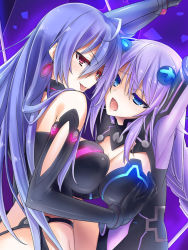 Rule 34 | 10s, 2girls, :p, bdsm, blue eyes, bondage, bound, braid, grabbing another&#039;s breast, breasts, cleavage, dominatrix, earrings, elbow gloves, female focus, gloves, grabbing, hair ornament, iris heart, jewelry, kami jigen game neptune v, large breasts, long hair, miyane aki (radical dash), multiple girls, neptune (neptunia), neptune (series), open mouth, purple hair, purple heart (neptunia), pururut, red eyes, saliva, saliva trail, symbol-shaped pupils, tongue, tongue out, twin braids, yuri