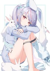 Rule 34 | 1girl, animal ears, blue bow, bow, closed mouth, commentary request, ear piercing, fake animal ears, hair bow, hair ornament, hairclip, highres, long hair, long sleeves, looking at viewer, multicolored hair, okishiro, piercing, pink eyes, pink hair, purple hair, purple sweater, rabbit, rabbit ears, shoes, short eyebrows, sitting, sneakers, solo, streaked hair, sweater, thick eyebrows, thighs, tosaki mimi, twintails, virtual youtuber, vspo!