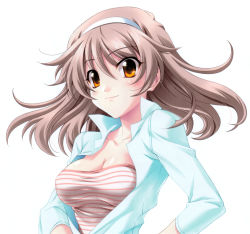 Rule 34 | 1girl, absurdres, blazer, breasts, brown hair, cleavage, hairband, hands on own hips, headband, highres, jacket, koshimizu takayuki, large breasts, memories off, memories off 6, open clothes, open shirt, pink hair, shirt, simple background, smile, solo, source request, striped clothes, striped shirt, taut clothes, taut shirt, toomine ririsu, yellow eyes