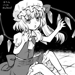 Rule 34 | 1girl, ascot, back bow, bow, collared shirt, dark background, dated, fang, feet out of frame, flandre scarlet, frilled skirt, frills, greyscale, hat, kurarin, large bow, long hair, mob cap, monochrome, on floor, one side up, open mouth, puffy short sleeves, puffy sleeves, ribbon-trimmed headwear, ribbon trim, shirt, short sleeves, simple background, sitting, skirt, socks, solo, touhou, vest, wings