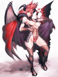 Rule 34 | 1girl, bare shoulders, breasts, cape, demon girl, demon horns, demon wings, elbow gloves, fumio (rsqkr), gloves, grin, horns, looking at viewer, nipples, pointy ears, red hair, segmented horns, smile, solo, sword, thighhighs, weapon, wings