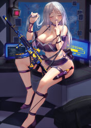 Rule 34 | 1girl, ak-12, ak-12 (girls&#039; frontline), assault rifle, bare shoulders, bikini, blush, breasts, choker, cleavage, closed eyes, closed mouth, collarbone, finger to mouth, full body, girls&#039; frontline, gun, hand in own hair, high heels, highres, holding, holding gun, holding weapon, huge breasts, jewelry, kalashnikov rifle, knife sheath, knife sheath, long hair, nail polish, navel, necklace, popoman, purple bikini, purple choker, purple footwear, purple nails, rifle, sheath, silver hair, sitting, sitting on table, sling (weapon), smile, solo, swimsuit, weapon