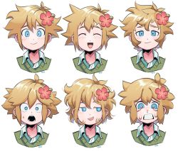 Rule 34 | 1boy, absurdres, basil (faraway) (omori), basil (omori), blonde hair, blue eyes, blush, closed eyes, closed mouth, crying, crying with eyes open, flower, hair flower, hair ornament, highres, looking at viewer, messy hair, omori, open mouth, parted lips, remi (mozzaremi), short hair, smile, smug, solo, tears, teeth