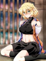 Rule 34 | 1girl, arm warmers, black legwear, blonde hair, blush, breasts, covered erect nipples, large breasts, looking at viewer, making-of available, mizuhashi parsee, navel, ootsuki wataru, open clothes, open shirt, pointy ears, shirt, short hair, skirt, sleeveless, sleeveless turtleneck, solo, touhou, turtleneck