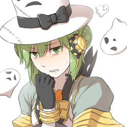 Rule 34 | 1girl, bags under eyes, black bow, black gloves, bow, character print, clenched teeth, coat, commentary request, double bun, ghost, gloves, green eyes, green hair, grey coat, hair between eyes, hair bun, hat, hat bow, headset, looking at viewer, natsuya (kuttuki), print headwear, ragnarok online, short hair, simple background, solo, teeth, top hat, upper body, warlock (ragnarok online), whisper (ragnarok online), white background, white hat