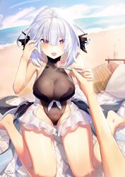 Rule 34 | 1girl, 1other, absurdres, bare arms, bare legs, bare shoulders, barefoot, beach, breasts, commandant (punishing: gray raven), grey hair, hair between eyes, hand in own hair, highres, holding, holding hands, holding spoon, large breasts, liv: luminance (puella subnautica) (punishing: gray raven), liv: luminance (punishing: gray raven), liv (punishing: gray raven), long hair, ocean, one-piece swimsuit, open mouth, punishing: gray raven, purple eyes, see-through, see-through swimsuit, skaven gongcheng shushi, spoon, swimsuit, translation request