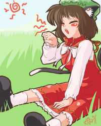 Rule 34 | 1girl, animal ears, brown hair, cat ears, cat girl, cat tail, chen, closed eyes, earrings, female focus, hat, highres, jewelry, multiple tails, nature, outdoors, short hair, sky, solo, tail, touhou, yuro (yuroaoj)