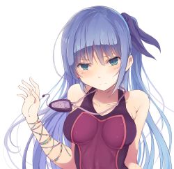 Rule 34 | 1girl, bare shoulders, blue eyes, blue hair, blush, breasts, competition swimsuit, hair ornament, highres, long hair, matching hair/eyes, medium breasts, one-piece swimsuit, original, rafael-m, side ponytail, solo, stopwatch, swimsuit, upper body, watch, water