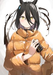Rule 34 | 1girl, absurdres, ahoge, animal ears, black hair, blush, can, canned coffee, closed mouth, coffee, down jacket, drink can, ear ornament, hair between eyes, highres, holding, holding can, horse ears, horse girl, jacket, long hair, long sleeves, looking at viewer, manhattan cafe (umamusume), multicolored hair, orange jacket, smile, solo, umamusume, upper body, white hair, ya.yu., yellow eyes