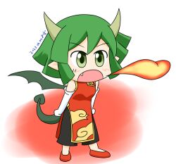 Rule 34 | 1girl, black pants, breath weapon, breathing fire, chibi, china dress, chinese clothes, dated, draco centauros, dragon girl, dragon tail, dragon wings, dress, fang, fire, full body, gloves, gradient background, green eyes, green hair, horns, looking to the side, open mouth, osuzu (osuzu3276), pants, pointy ears, puyopuyo, red background, red dress, red footwear, short hair, side slit, signature, solo, standing, tail, white background, white gloves, wings