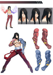 Rule 34 | 1boy, asymmetrical limbs, belt, black hair, blue fire, boots, character request, character sheet, chuunioniika, fearless night, fighting stance, fire, hair over one eye, highres, long hair, male focus, muscular, pants, pectorals, sarashi, scar, topless male, solo, steam