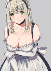 Rule 34 | 1girl, apron, black dress, blush, breast hold, breasts, choker, cleavage, closed mouth, collarbone, commentary request, copyright request, doushimasho, dress, earrings, elbow gloves, embarrassed, frilled apron, frills, frown, gloves, green eyes, grey background, highres, jewelry, large breasts, leaning forward, long hair, looking at viewer, maid, maid headdress, mole, mole under eye, sidelocks, silver hair, simple background, solo, stud earrings, white apron, white gloves