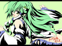 Rule 34 | 1girl, ass, breasts, delusion overdose, detached sleeves, female focus, green hair, high contrast, japanese clothes, kochiya sanae, long hair, matsuno canel, miko, ribbon, simple background, solo, touhou, translation request, wallpaper