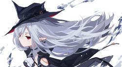 Rule 34 | 1girl, absurdres, arknights, ascot, black coat, black headwear, closed mouth, clothing cutout, coat, earrings, gladiia (arknights), grey hair, highres, jewelry, long hair, looking at viewer, pointy ears, pointy hat, red eyes, shoulder cutout, sideways glance, simple background, solo, umi (umikwi), upper body, white ascot, white background