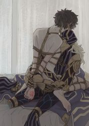 Rule 34 | 1boy, 1other, android, avicebron (fate), barefoot, bdsm, bishounen, blonde hair, bondage, bound, bruise, commentary request, curtains, fate (series), hand tattoo, highres, injury, male focus, mmm3sushi, nude, on bed, sitting, sitting on lap, sitting on person, tattoo