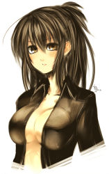 Rule 34 | 1girl, breasts, brown eyes, brown hair, cleavage, earrings, highres, impossible clothes, impossible shirt, jewelry, kotoba noriaki, large breasts, long hair, open clothes, original, revision, shirt, solo