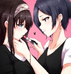 Rule 34 | 2girls, aqua nails, black hair, black shirt, blouse, blush, bracelet, breasts, brown hair, closed mouth, collarbone, commentary request, cosmetics, earrings, eyelashes, fingernails, from side, hair between eyes, hairband, hand on another&#039;s chin, hands up, hayami kanade, highres, holding, holding lipstick, idolmaster, idolmaster cinderella girls, jewelry, lips, lipstick, lipstick tube, long fingernails, long hair, looking at another, makeup, medium breasts, multiple girls, nail polish, pink background, pink lips, profile, ryuu., sagisawa fumika, shirt, short hair, short sleeves, sidelocks, simple background, smile, upper body, white hairband, yellow eyes, yuri